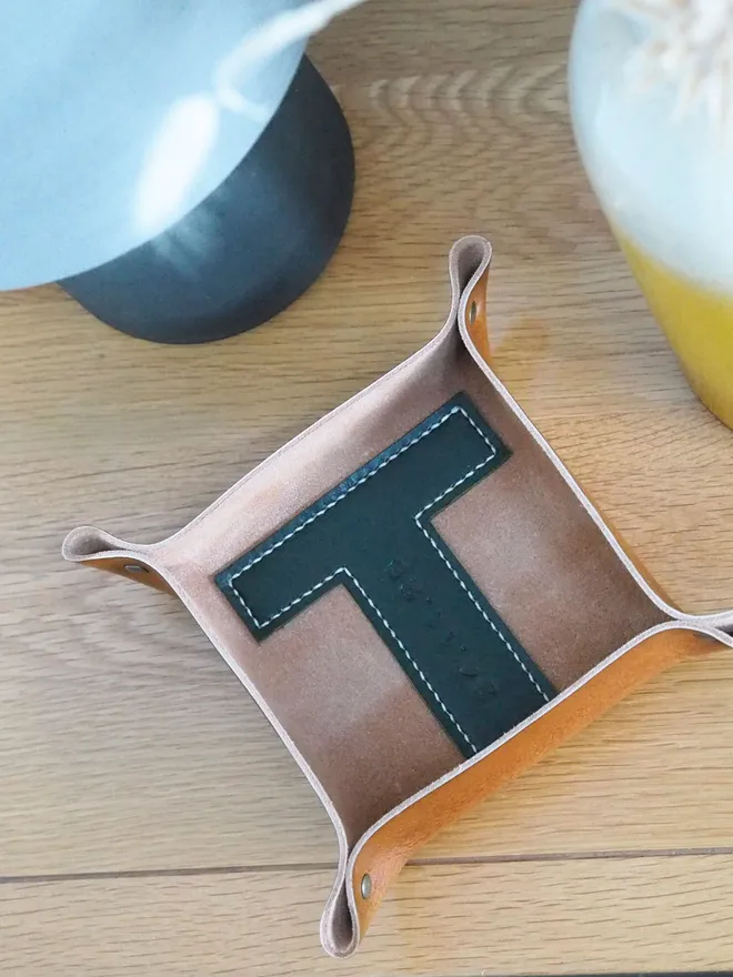 hand dyed tan brown leather tray with forest green T
