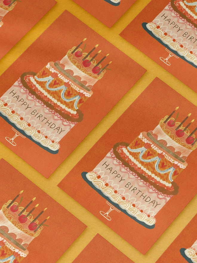 Happy birthday greeting cards pack of 6 orange background with cake on the front, blank inside 