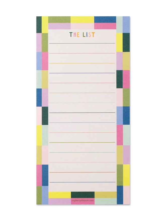 Colourful Raspberry Blossom list pad with rainbow lines and a colourful tiled boarder