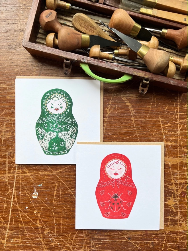 Christmas design and lady bird design matryoshka doll cards
