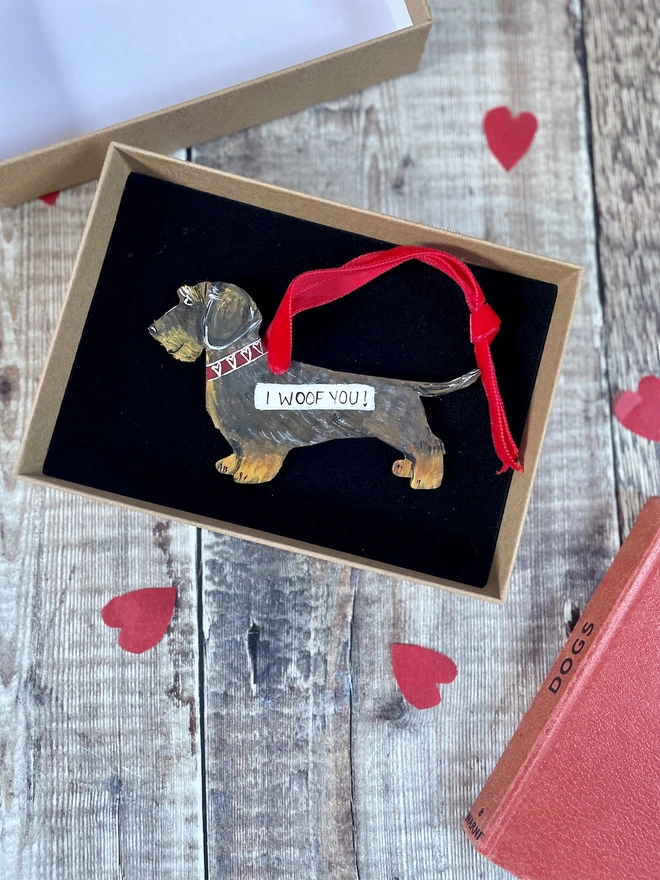 Valentines Dog Portrait Decoration Wire Haired Dachshund