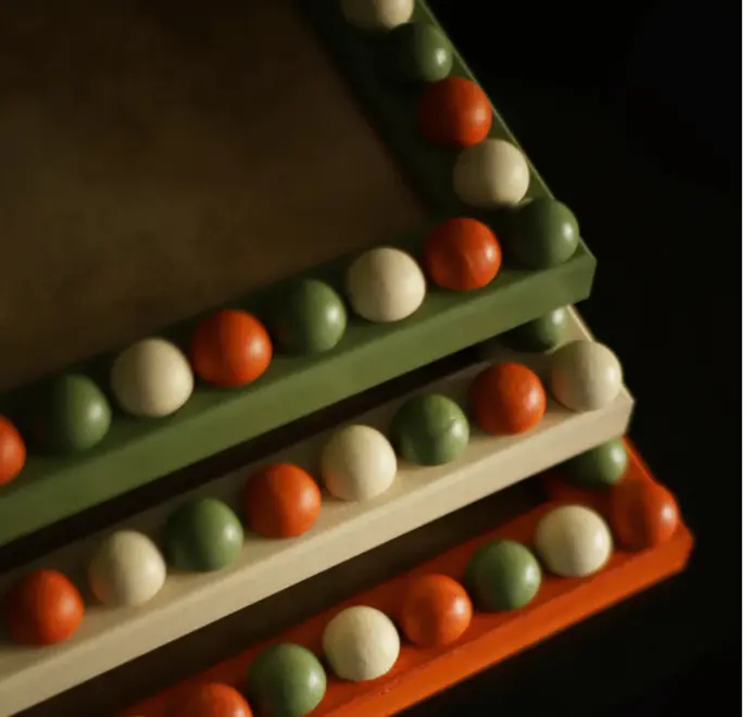 white orange and green bobbin frames up close shot