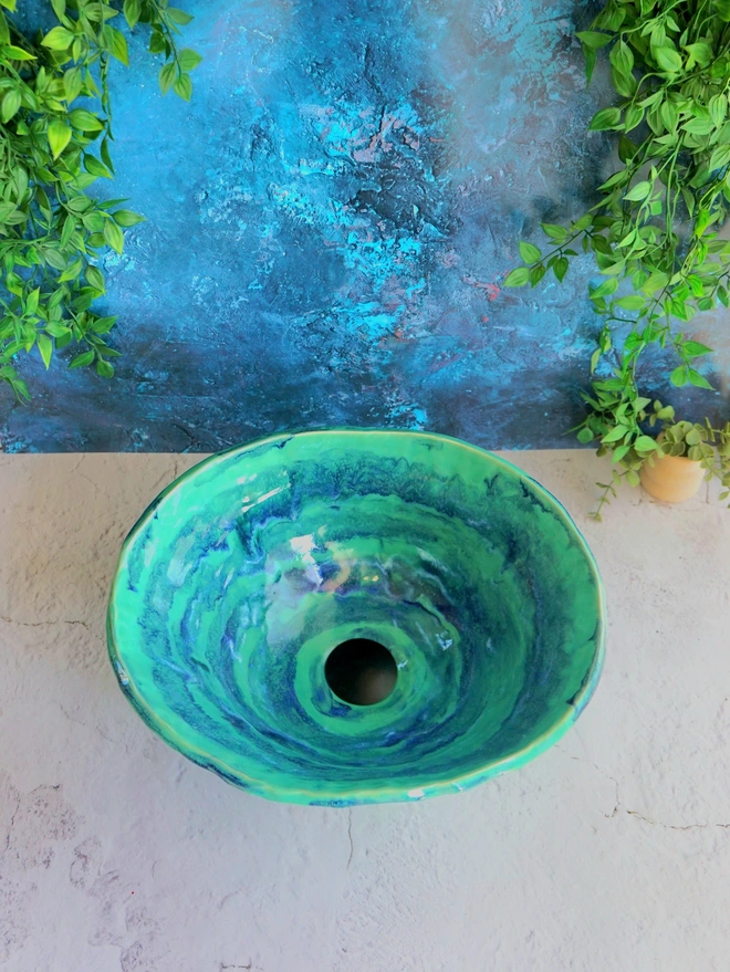 bathroom basin, bathroom sink, handcrafted sink, handcrafted basin ceramic basin, ceramic sink, Jenny Hopps Pottery, sculptural basin, bespoke basin, green basin, green sink
