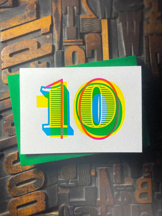 10th birthday anniversary typographic letterpress card. Deep impression print. Unique with no print being the same. They show slight colour variations adding to the style. Also available in other milestones : 1, 2, 3, 18, 21, 30, 40, 50, 60, 70, 80.