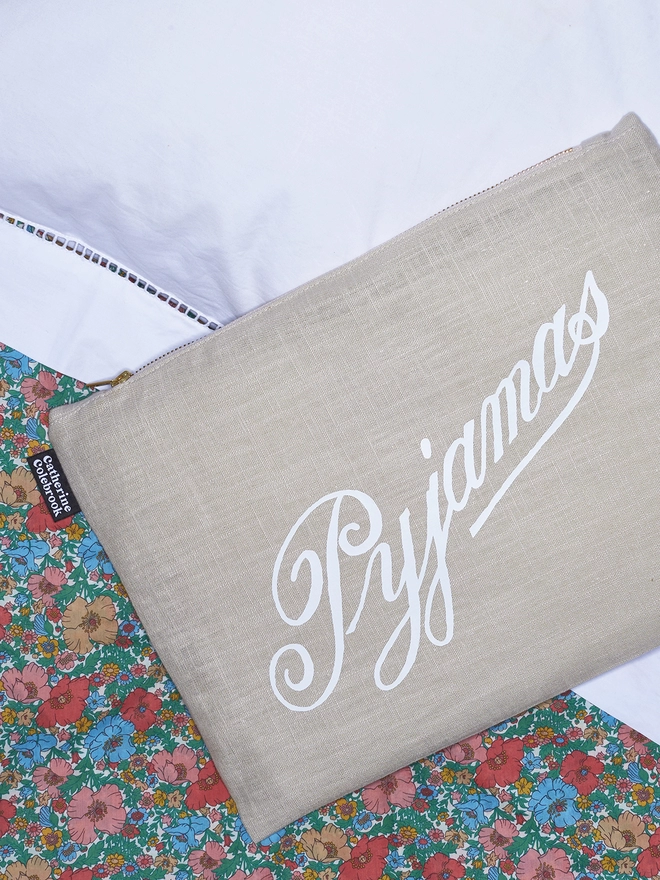 Natural linen with white writing vintage pyjama case