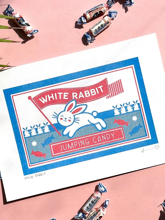 'White Rabbit' Jumping Candy Risograph Print