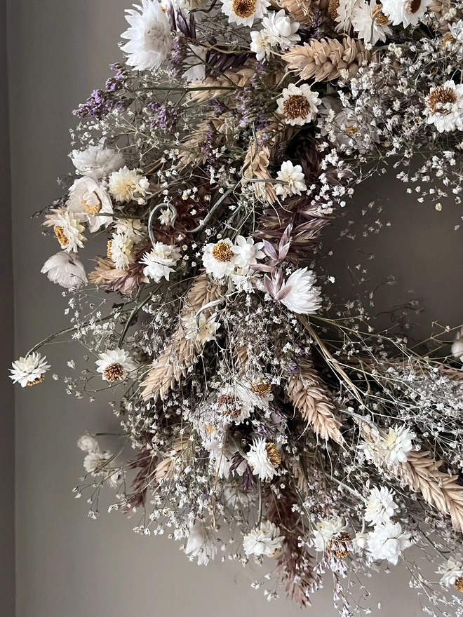 Winter White Daisy wreath made with dried seasonal flowers