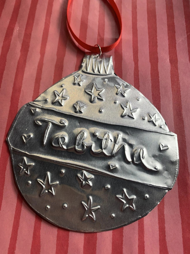 Personalised embossed tin Christmas bauble decoration