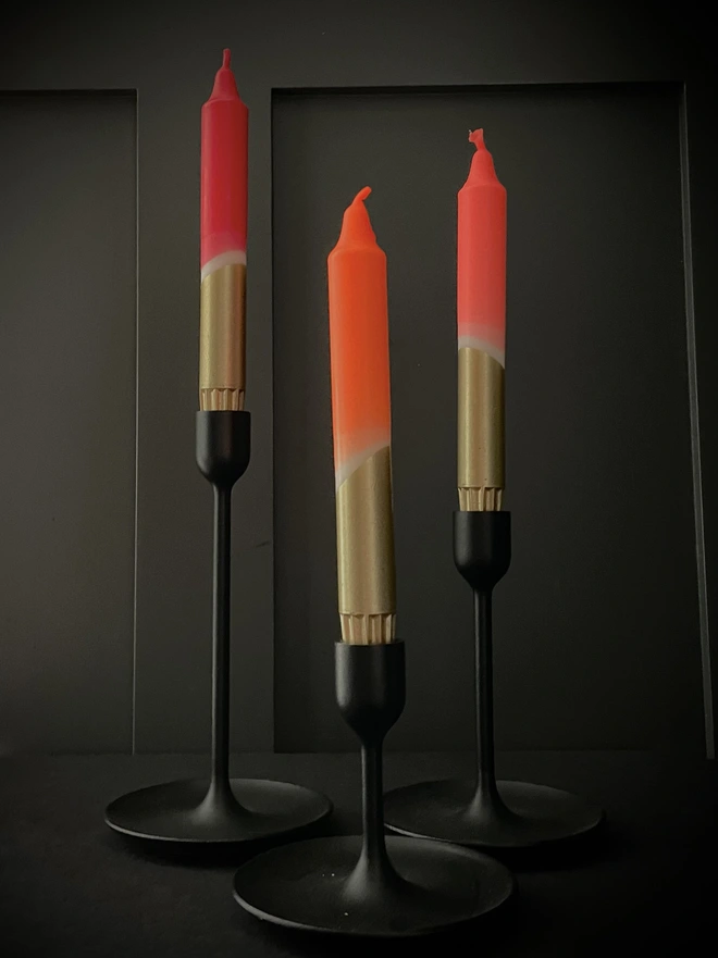 Red, Orange, Coral & Gold Dip Dyed Dinner Candles (Set Of 3)