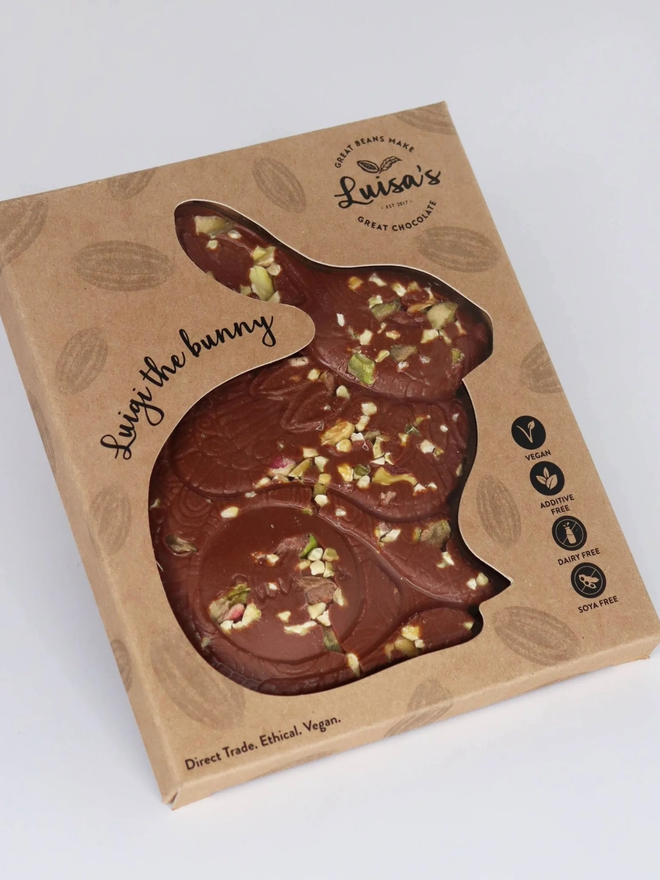 Pistachio Casholate Vegan Chocolate Luigi Bunny in a boxed package