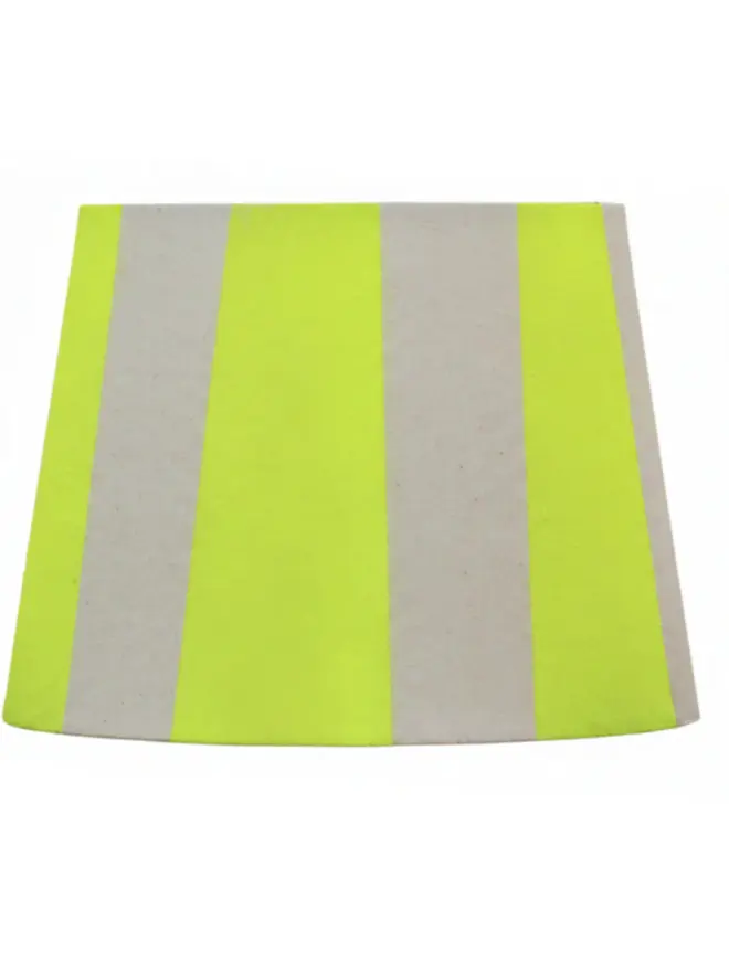 Hand Painted Upcycled Striped Sustainable Drum Lampshade, a neon yellow striped lampshade against a white background. 