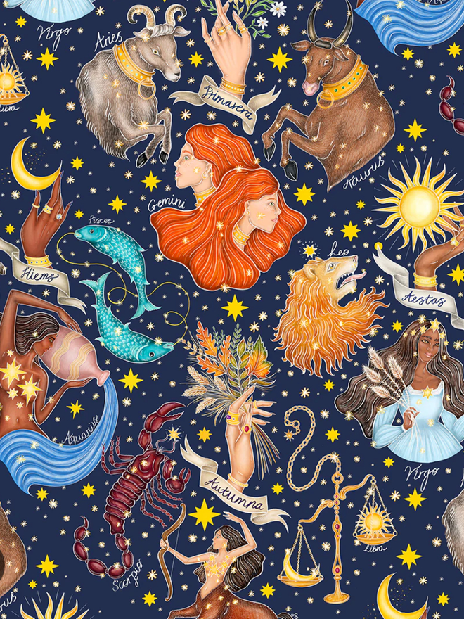 A close up of the astrology design on the blue velvet