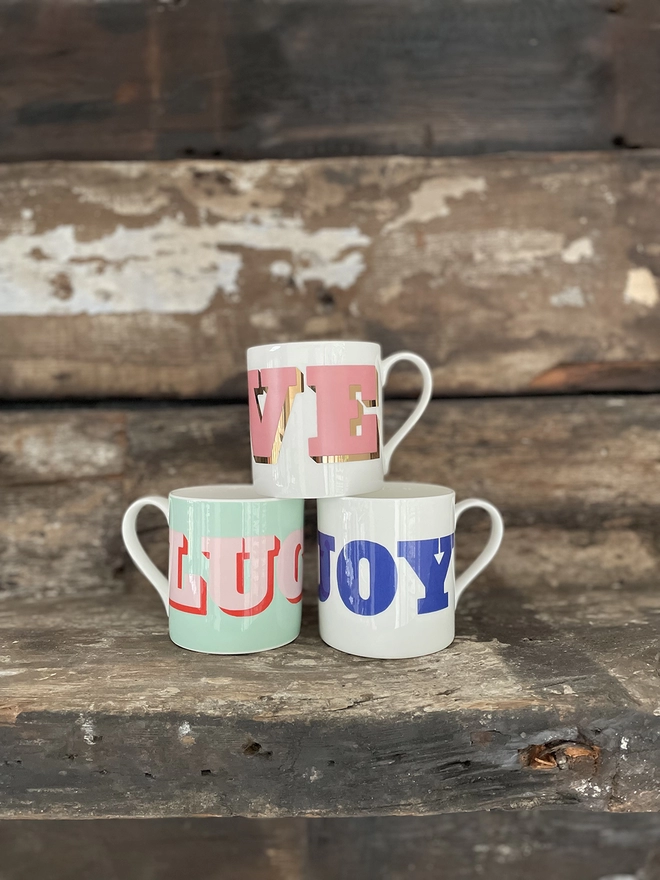 Lucky, Love, Enjoy mugs