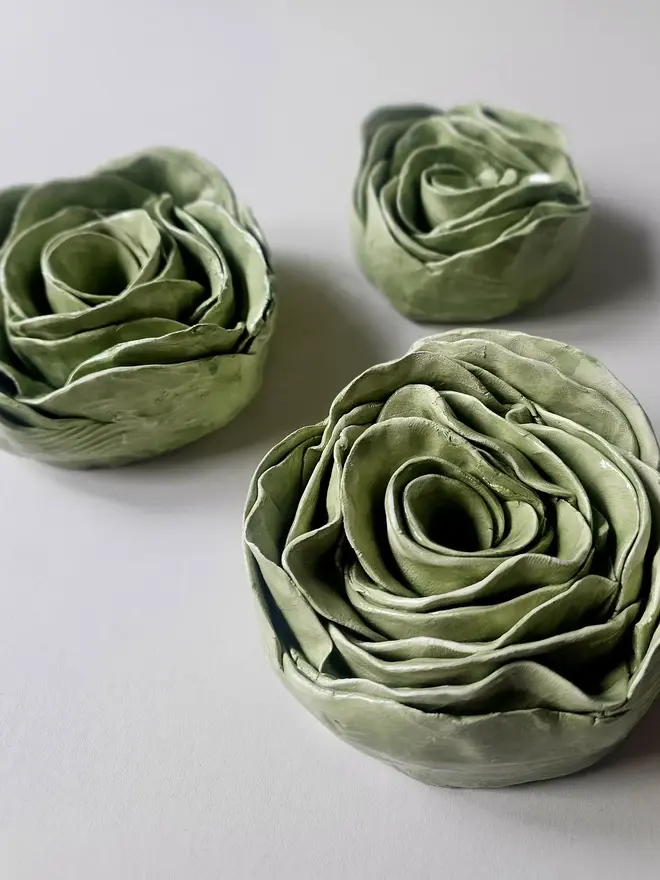 handmade green ceramic rose flower wall hanging decor sculpture art pottery glazed gift for her forever everlasting rose