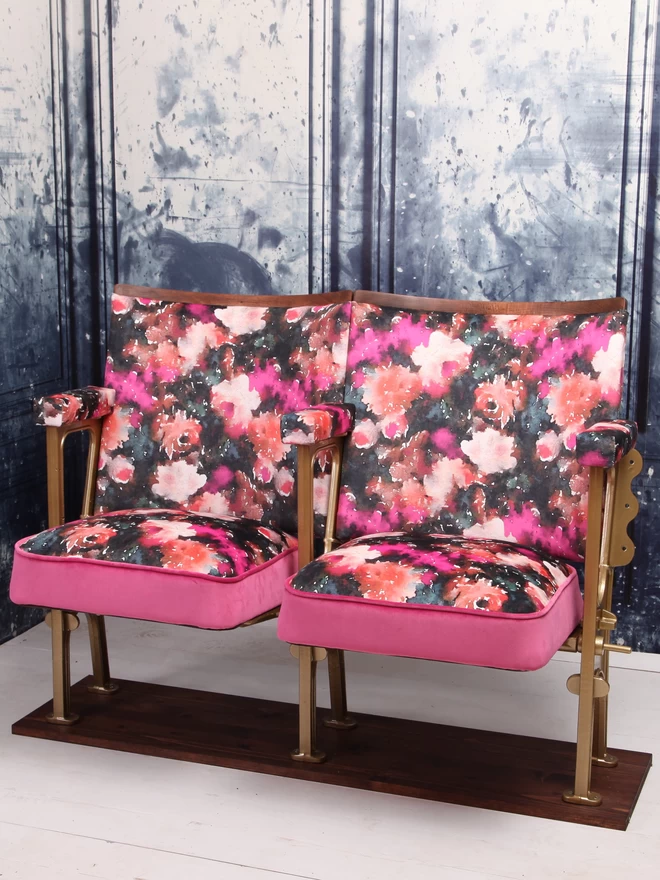 Set of two refurbished vintage cinema seats in Vague Rose velvet