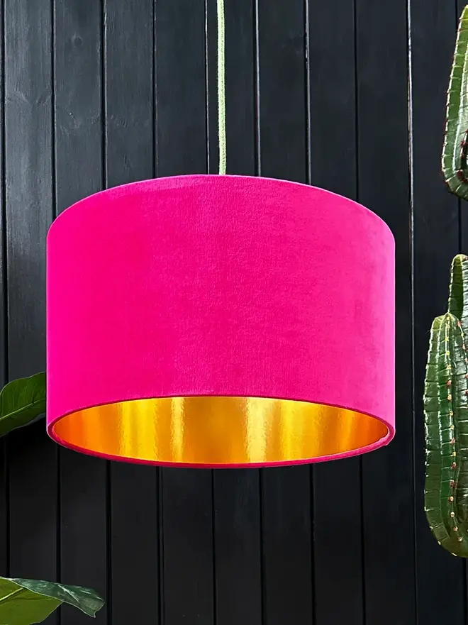 Raspberry Pink Velvet Lampshade With Gold Foil Lining.