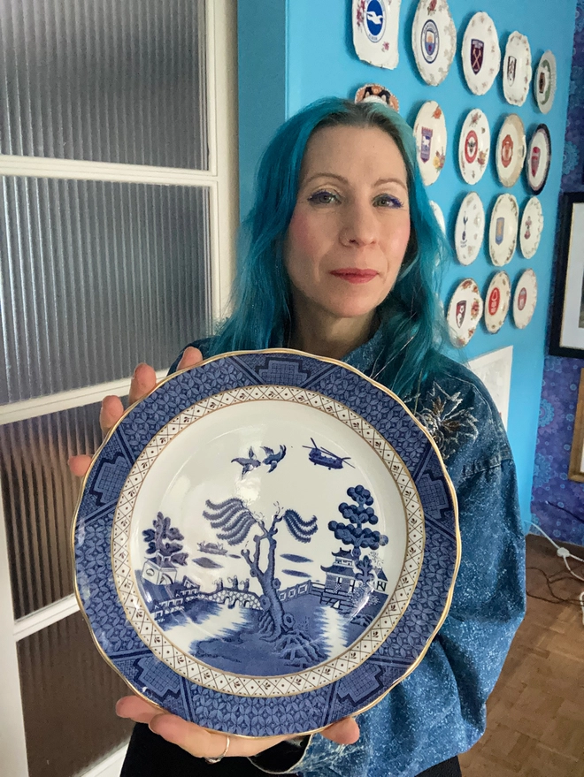 Chinook, chinook helicopter, willow pattern, country scene, countryside, cottagecore, old meets new, traditional meets contemporary,  unique, original, one of a kind, exclusive, hand made, British, English, gift idea, Haus of Lucy, original present, original gift