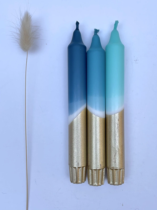 Blue & Gold Dip Dyed Dinner Candles (Set Of 3)