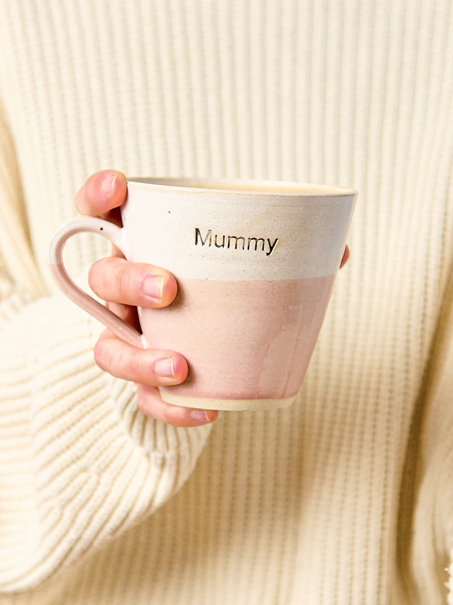 pink ceramic mummy coffee mug