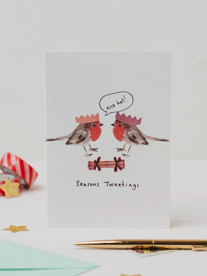 Robins in Cracker Hats Christmas Card 