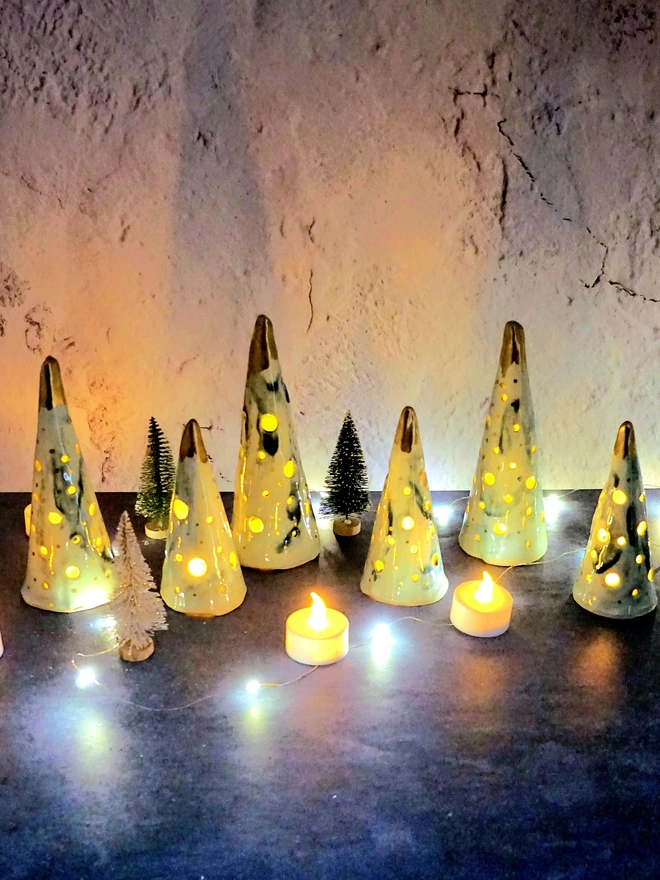 christmas tree lanterns, christmas tea light lanterns, christmas accessories, christmas lights, christmas trees lanterns, ceramic tree lanterns, ceramic christmas tree decorations, ceramic christmas trees, Jenny Hopps Pottery, green ceramic trees with gold 