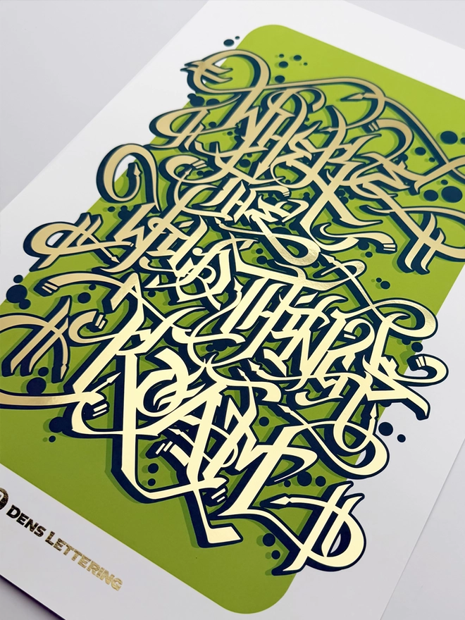 Green Graffiti Alphabet Metallic Gold Foil Print, against a white background. 