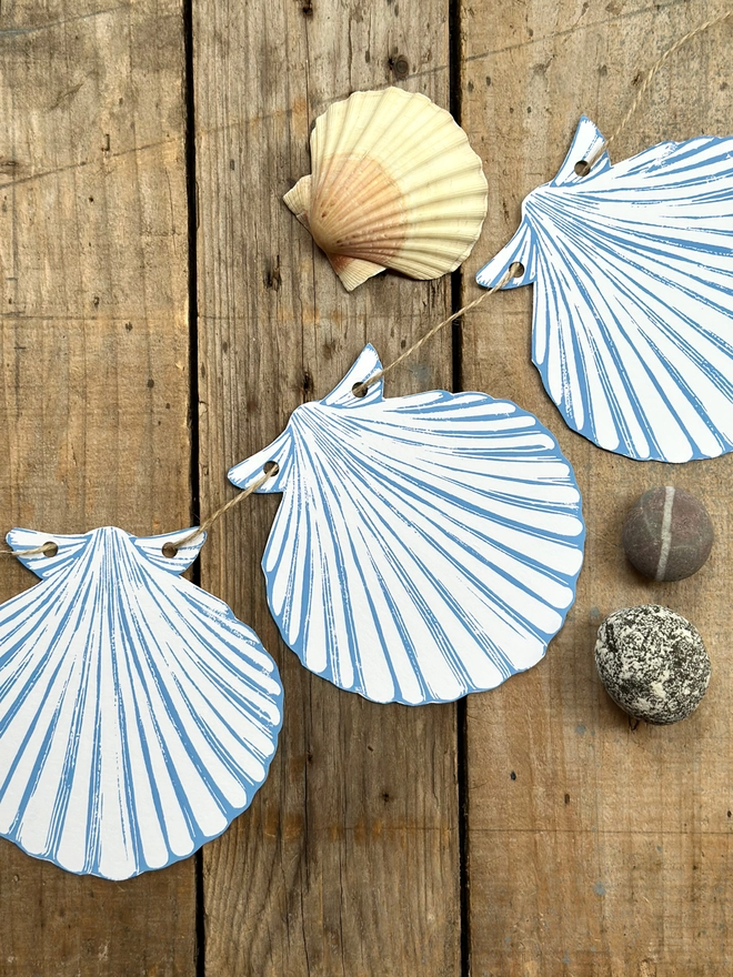Blue Scallop Shells Nautical Hand Printed Linocut Garland