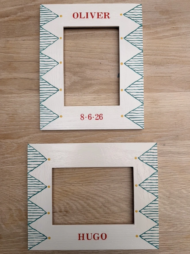 Personalised and hand painted photo frames with green and red details. 