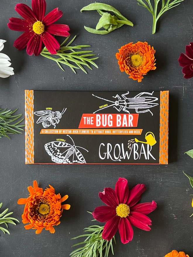 The Kid's Bug Growbar on a table surrounded by red and white cosmos and beautiful orange marigolds.