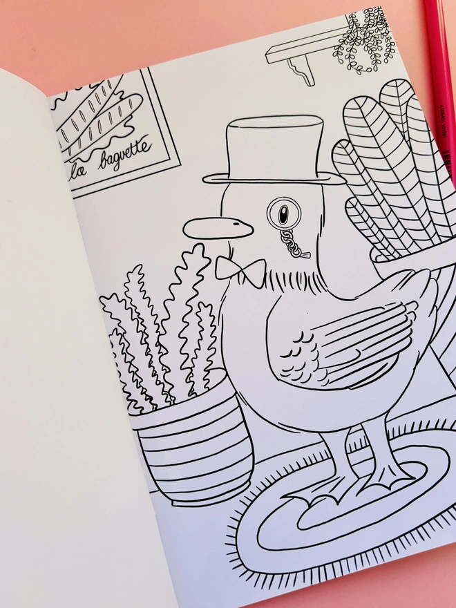 Inside page from dapper ducks colouring book shows a duck in a top hat, bow tie and monocle.