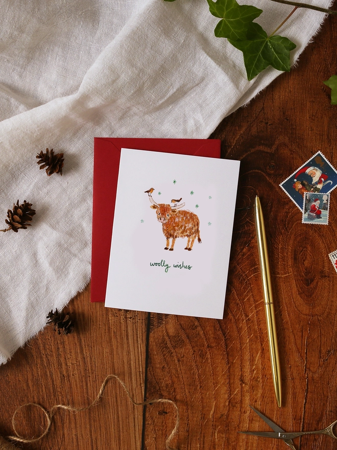 Highland Cow and Robins Mini Christmas Card