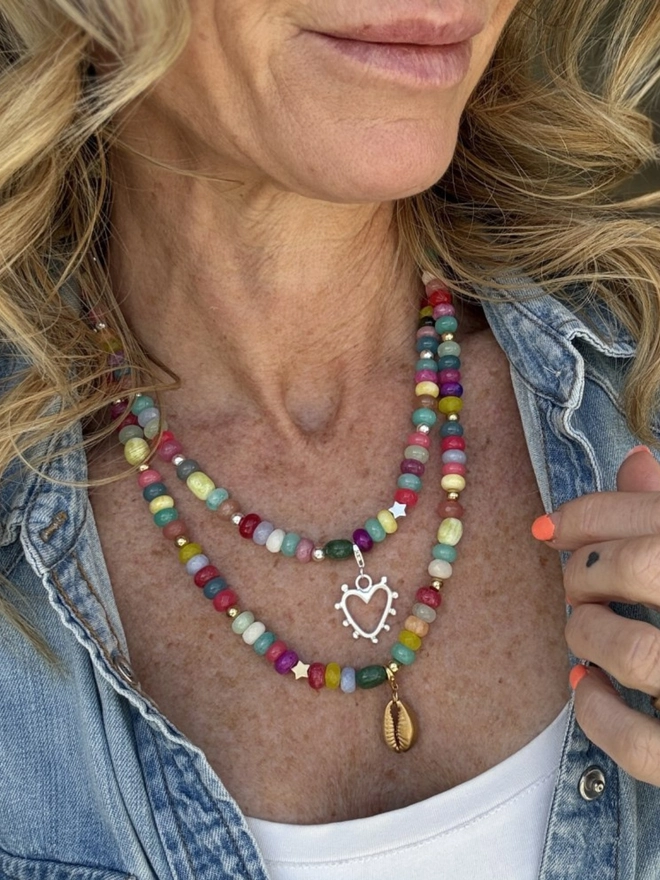 Candy girl beaded necklace. A colourful gemstone beaded necklace shown stacked.