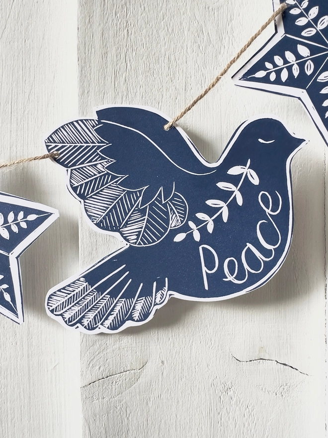 Dove Of Peace Hand Printed Linocut Scandi Style Garland With Folk Art Stars