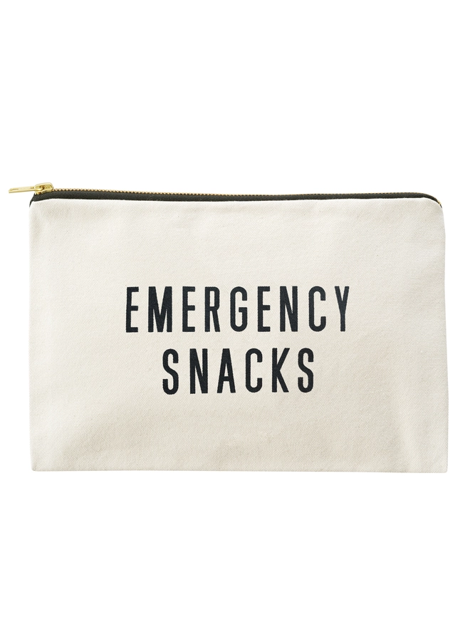 a natural canvas zip pouch with the words emergency snacks