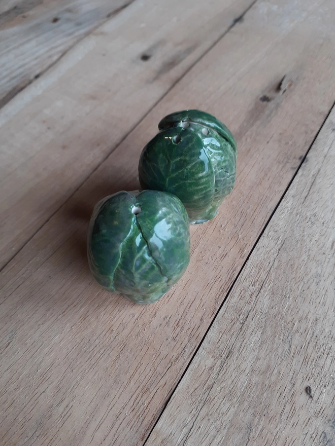 Unique artisan Brussels sprout ceramic shakers for salt and pepper, glossy finish,
