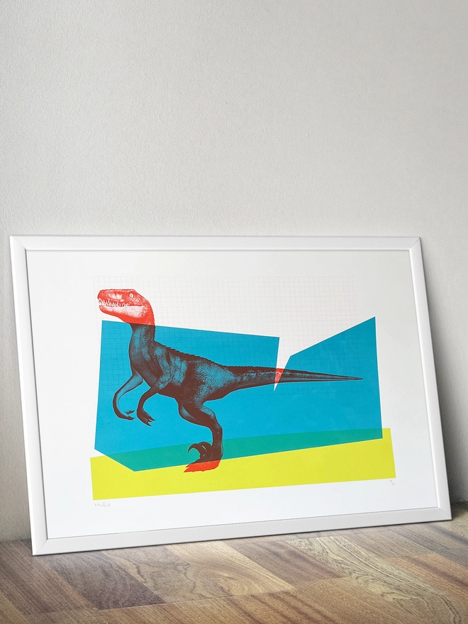 Big Red Raptor - Screen Printed Dinosaur Poster - mock up in a frame