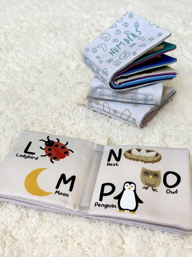 Close up showing details of pages of the Alphabet book from the little library book set