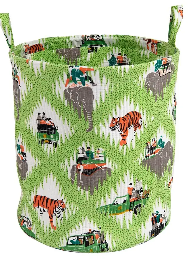 Tiger Safari Quilted Storage Basket, a green safari basket sitting against a white backdrop. 