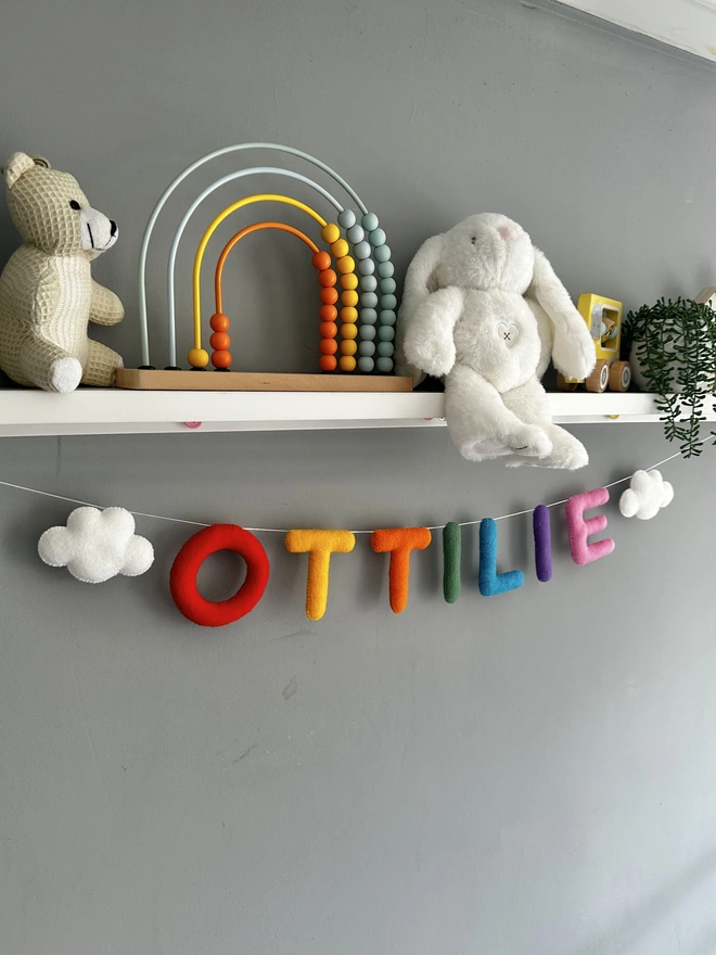 Personalised Name Cloud Star or Heart Garland, a colourful name garland in a child’s bedroom. baby gift, nursery decoration, bunting 