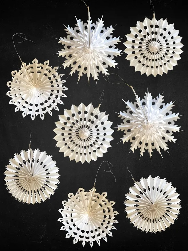 8 White tissue paper snowfake hanging decorations for Christmas 