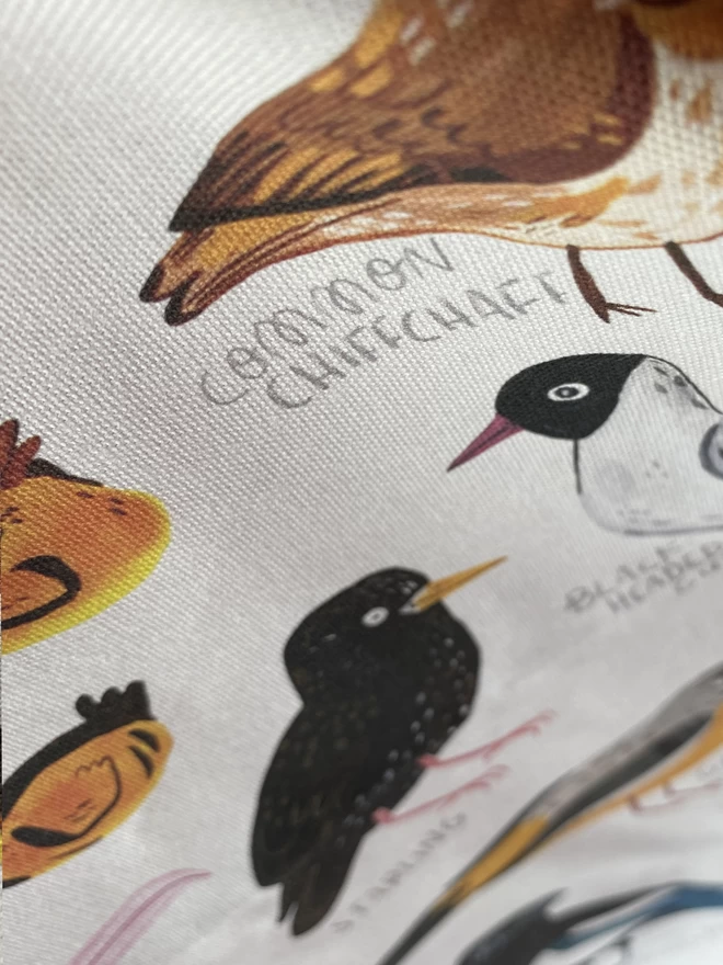 Detail of British Birds illustrated tea towel with over 12 varieties of birds digitally printed on cotton fabric