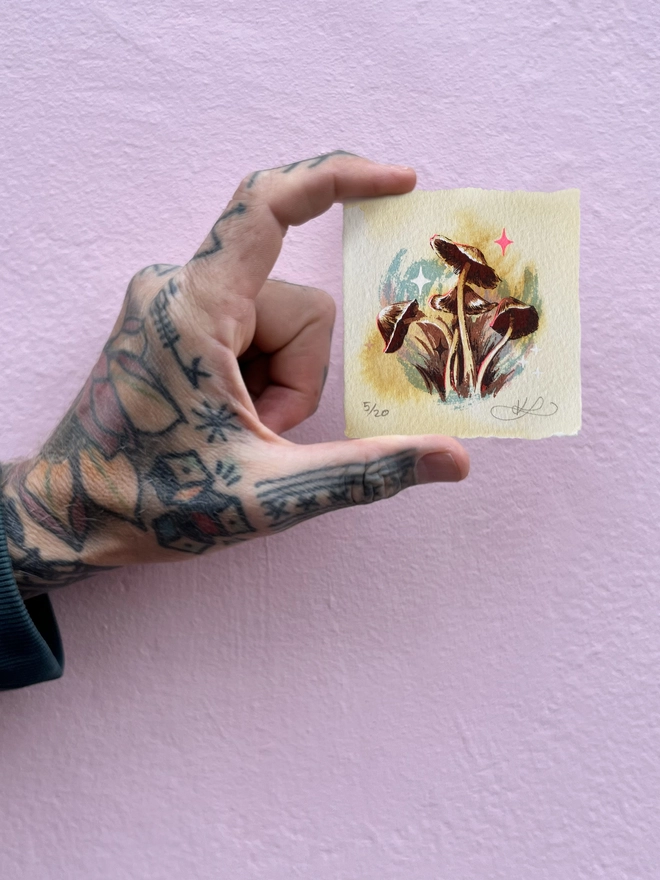 Miniature screenprint and watercolour painting of fungi called the fortune tellers by artist KATH LEONE