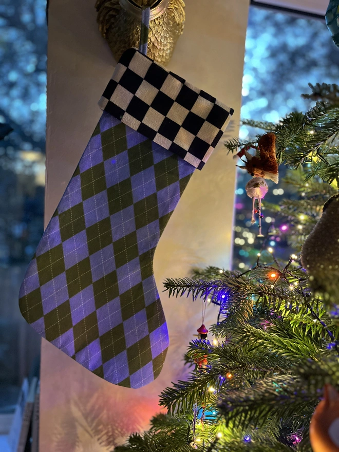 Blue and Green Argyle with Black and White Checkerboard Cuff 
