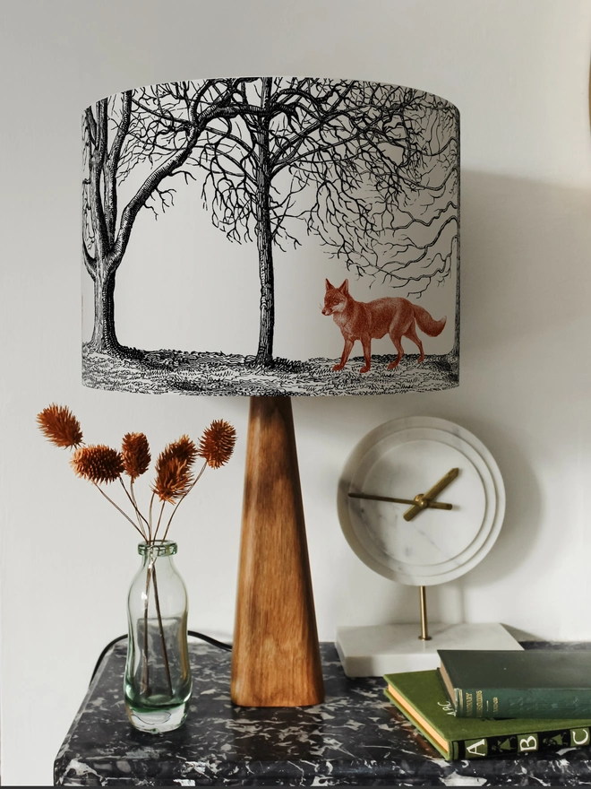 Handmade fox lampshade inspired by woodland walks and British countryside cottage style.