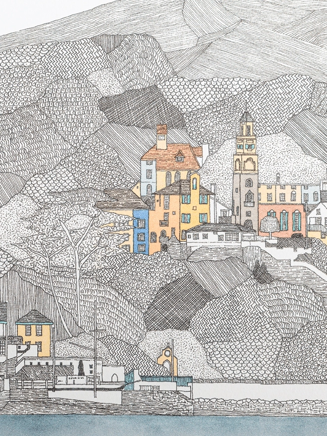 Detailed pen and watercolour drawing of Portmeirion and welsh hills, in a soft white mount