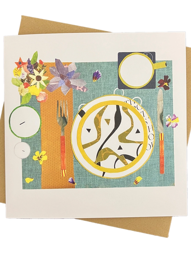 Fun dinner party table setting greetings card with brown envelope on a white background