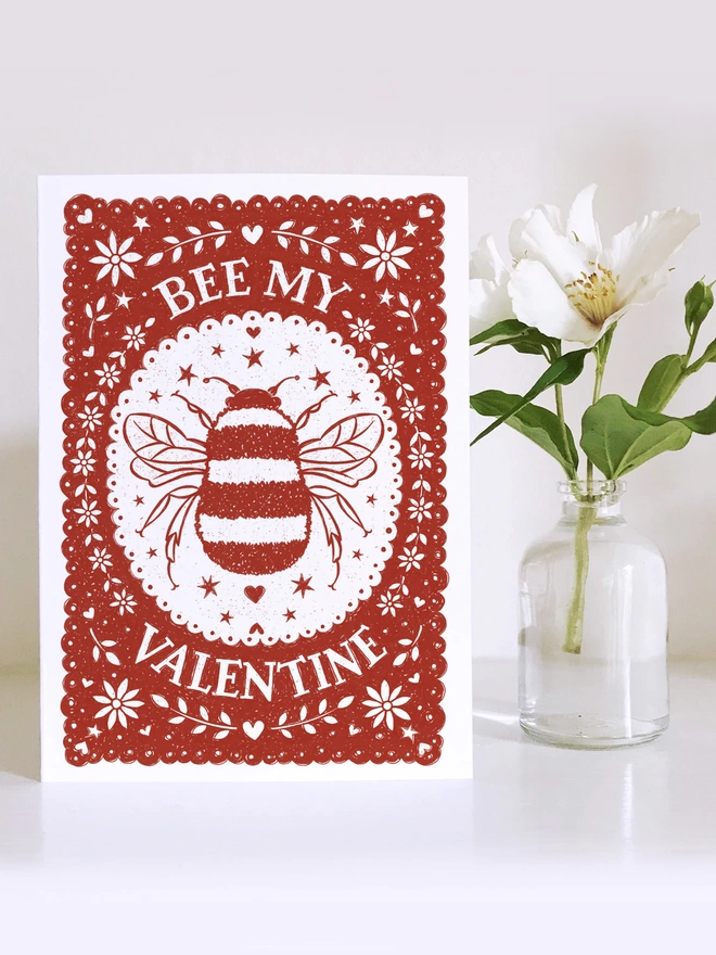 red and white bee my valentine card with flowers
