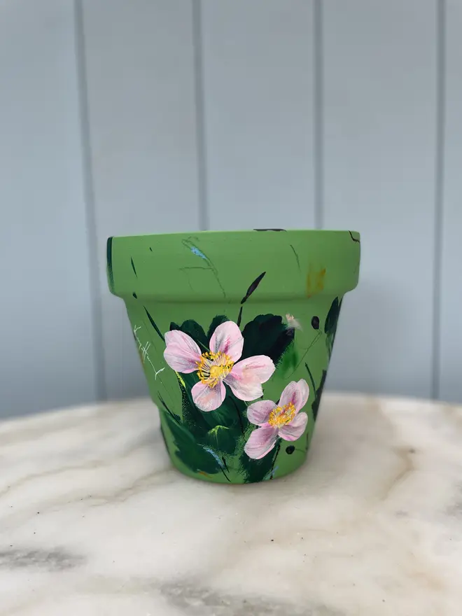 Unique hand-painted terracotta pot featuring pink anemone on a green background