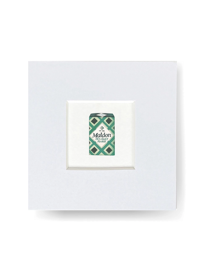 Food-inspired mini art print in a white paper mount, featuring an illustration of classic British Maldon Sea Salt packaging in green. A charming design perfect for culinary enthusiasts and food lovers alike.