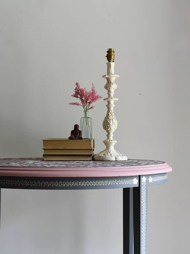 grey and pink folk floral side table bedside sofa table lamp table console